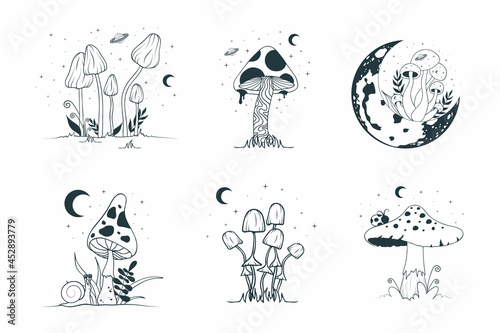 Mystical mushrooms with moon and stars. Celestial elements, fungi, fungus. Witchy tattoos. Esoteric clipart.