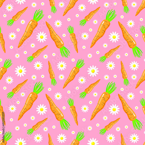 Carrot and flowers easter seamless pattern on pink background. Flat cartoon design. Vector illustration.