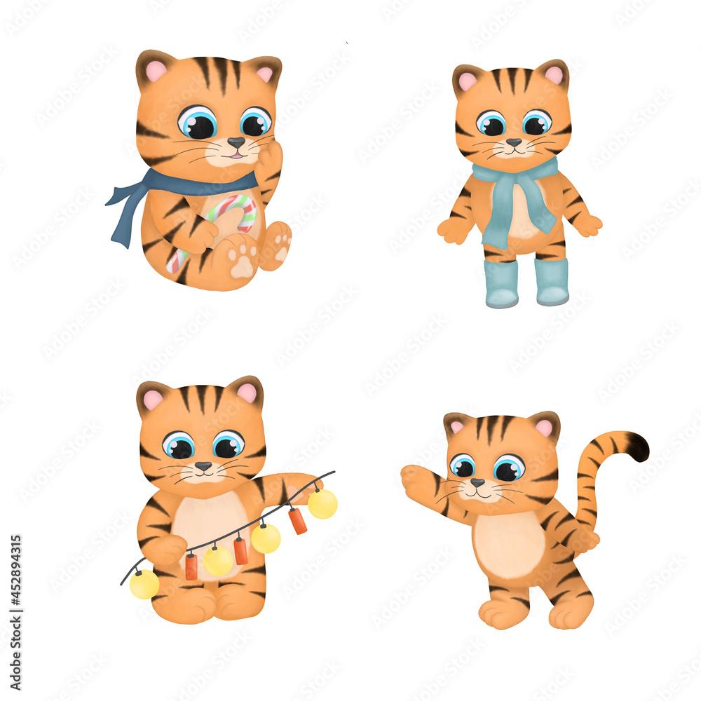set of funny cartoon animals.Digital watercolor illustration tiger cub. Hand draw christmas animal. year of the tiger. New year clipart. Children decoration