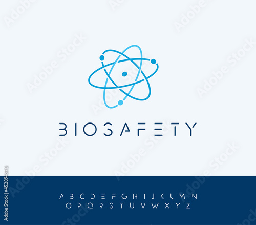 Atomic energy vector logo concept with futuristic letters. Atom structure nucleus icon. Bio safety symbol. Science technology, nuclear particle research, medical and physics equipment logotype.