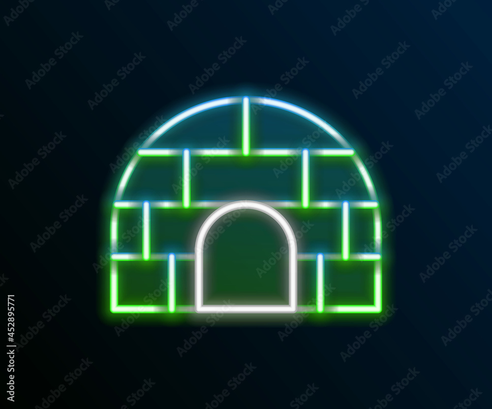 Glowing neon line Igloo ice house icon isolated on black background. Snow home, Eskimo dome-shaped hut winter shelter, made of blocks. Colorful outline concept. Vector