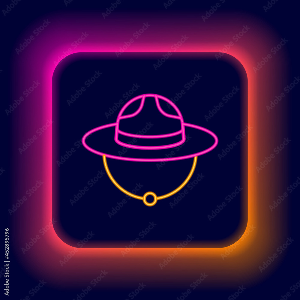 Glowing neon line Canadian ranger hat uniform icon isolated on black background. Colorful outline concept. Vector Glowing neon line Canadian ranger hat uniform icon isolated on black background. Colorful outline concept. Vector