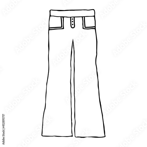 Hand drawn pants classic style. Isolated on white background. Doodle vector illustration. Jeans pants.