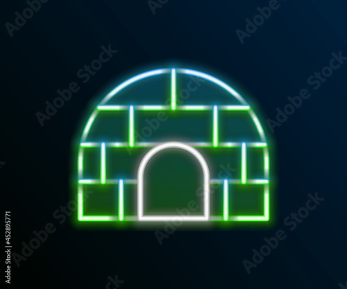 Glowing neon line Igloo ice house icon isolated on black background. Snow home, Eskimo dome-shaped hut winter shelter, made of blocks. Colorful outline concept. Vector