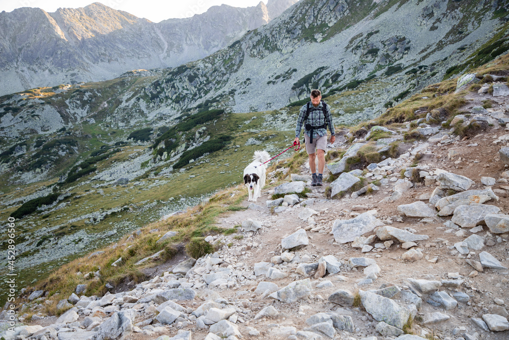 man and white dog trekking in mountains over glacier lake - slow travel