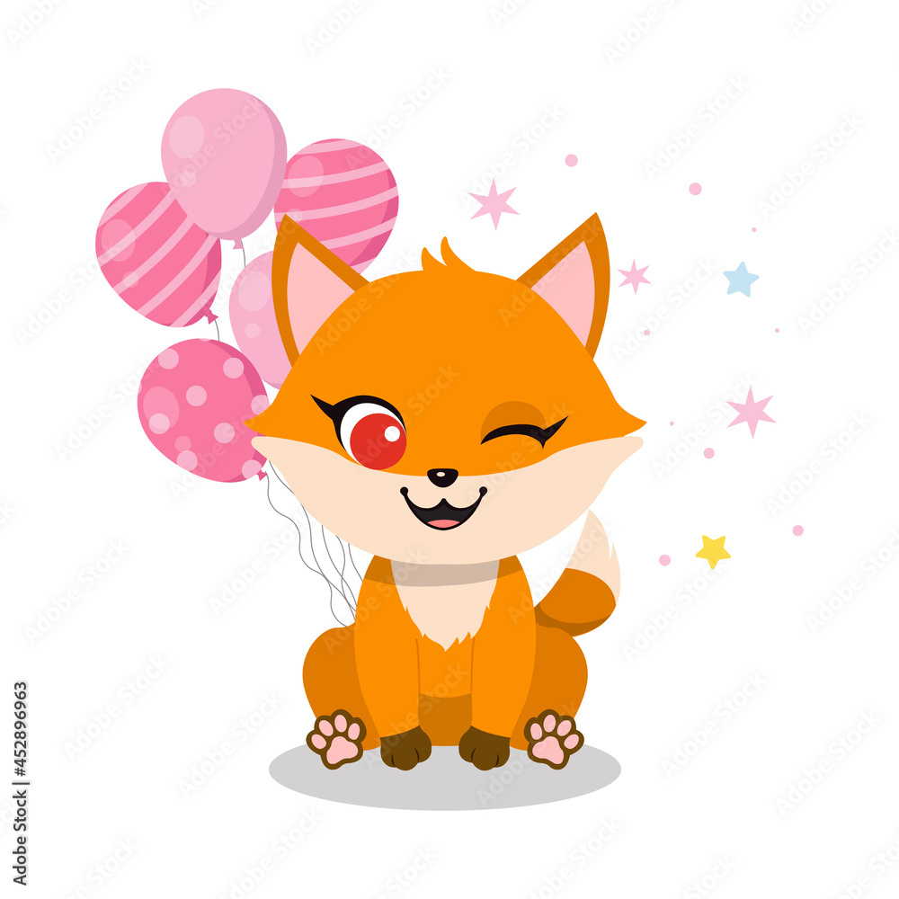 Happy birthday card design with cute little fox and balloons. Flat ...