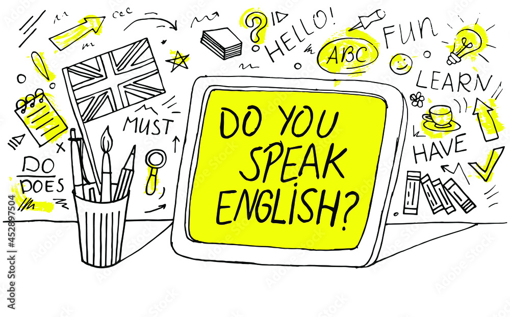 Vecteur Stock Do you speak English? English language learning concept  vector illustration. Doodle of foreign language education course for home  online training study. Background design with english word art illustr |  Adobe