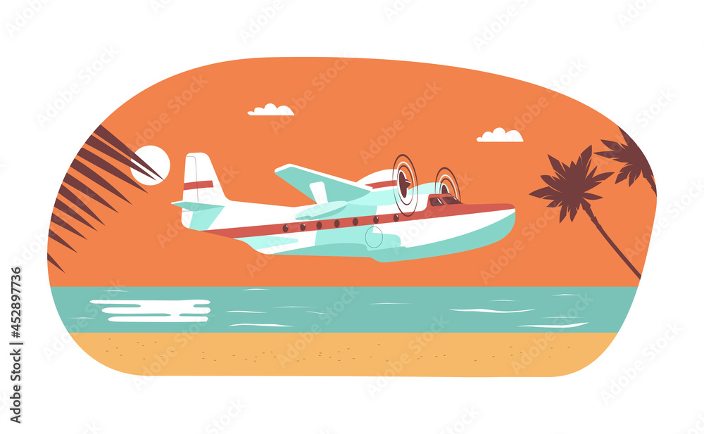 Fototapeta premium Twin-engine seaplane on background of abstract tropical landscape. Vector illustration.