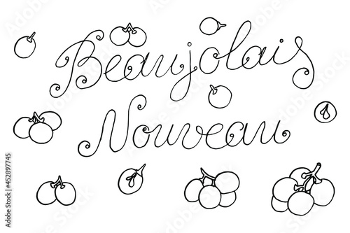 Beaujolais Nouveau lettering. Festival of new wine in France. Wine and food. Vector illustration.