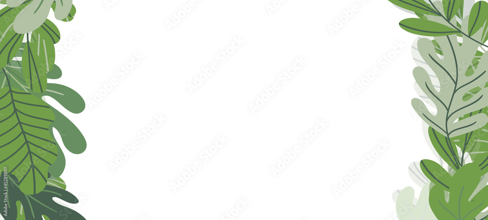 Naklejka premium Floral web banner with drawn color exotic leaves. Nature concept design. Modern floral compositions with summer branches. Vector illustration on the theme of ecology, natura, environment