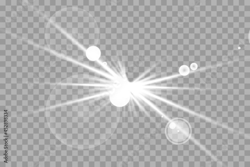 Glow isolated white transparent light effect set, lens flare, explosion, glitter, line, sun flash, spark and stars.