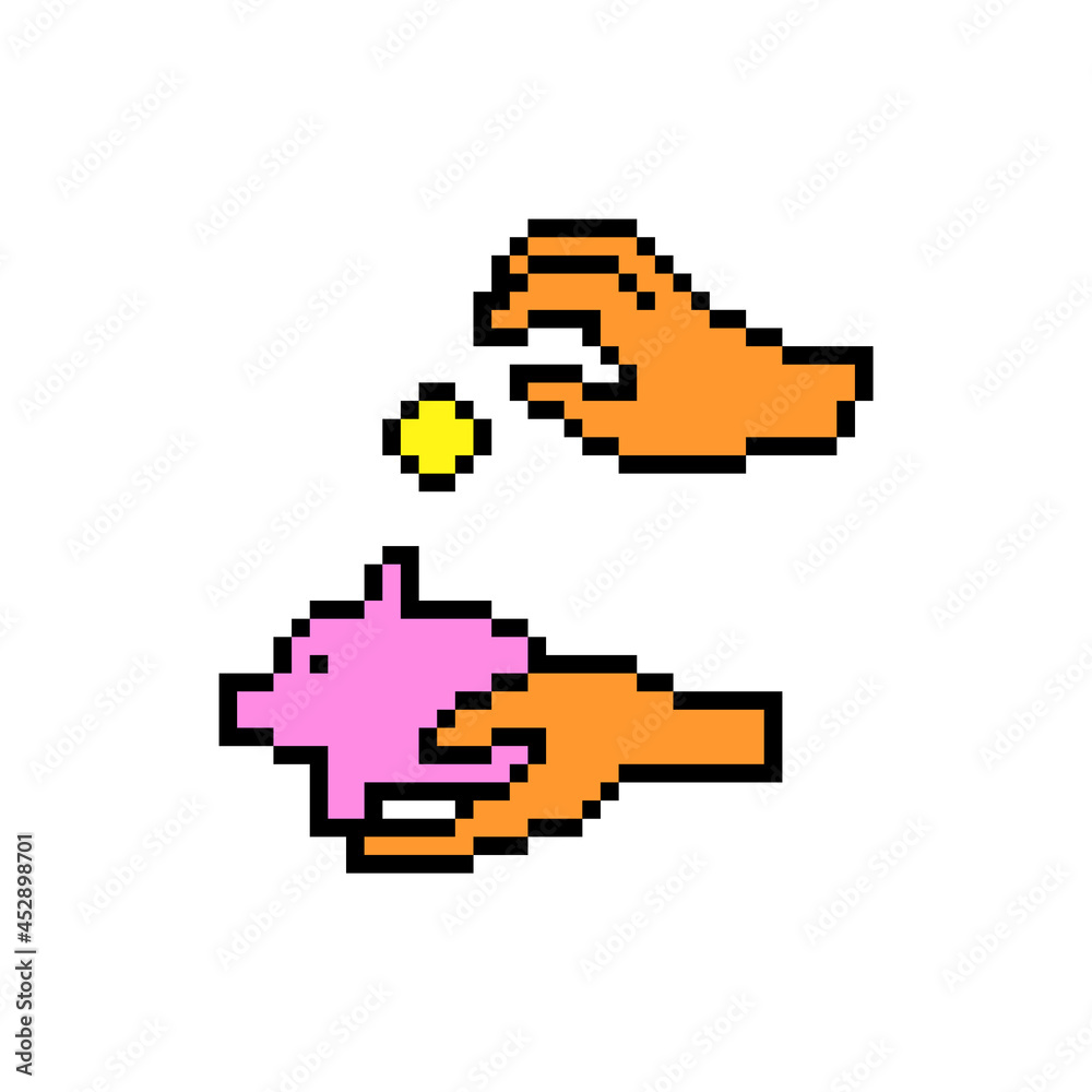 Hand dropping gold coin in a pink piggy bank, pixel art symbol isolated on white background. 8 bit savings icon. Old school vintage retro 80s, 90s 2d computer, video game, slot machine graphics. Hand dropping gold coin in a pink piggy bank, pixel art symbol isolated on white background. 8 bit savings icon. Old school vintage retro 80s, 90s 2d computer, video game, slot machine graphics.
