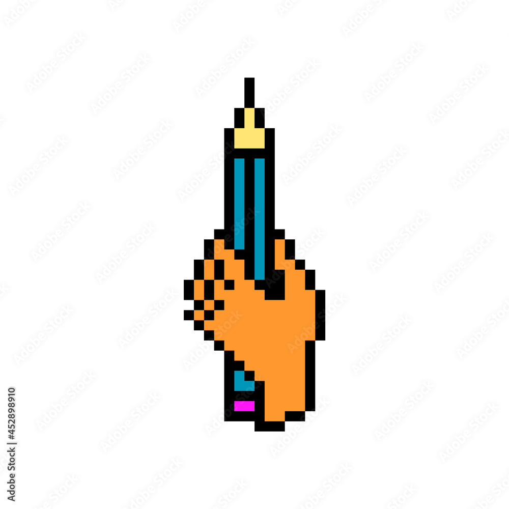 Pixel art pencil in a hand symbol isolated on white background. Office, school supply icon. 8 bit stationery pictogram. Old school vintage retro 80s, 90s 2d computer, video game, slot machine graphics Pixel art pencil in a hand symbol isolated on white background. Office, school supply icon. 8 bit stationery pictogram. Old school vintage retro 80s, 90s 2d computer, video game, slot machine graphics