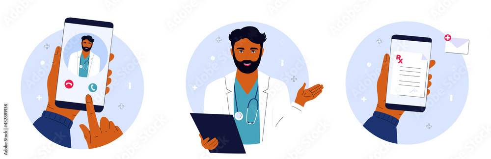 The patient makes a video call to the Indian doctor on the smartphone. Medical worker with a stethoscope holds clipboard. Remote appointment. Telemedicine concept. Prescription online. The patient makes a video call to the Indian doctor on the smartphone. Medical worker with a stethoscope holds clipboard. Remote appointment. Telemedicine concept. Prescription online.