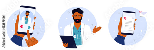 The patient makes a video call to the Indian doctor on the smartphone. Medical worker with a stethoscope holds clipboard. Remote appointment. Telemedicine concept. Prescription online.