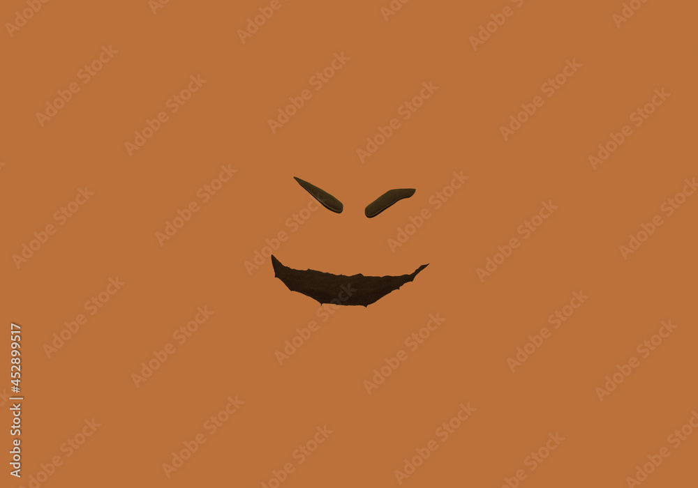 Scary pumpkin face on orange background. Black and orange color. Evil look. Creepy smile. Flat lay. Scary pumpkin face on orange background. Black and orange color. Evil look. Creepy smile. Flat lay.