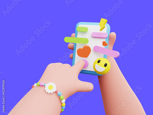 Cartoon girl character hands holding and using mobile phone. Messaging app with cute funny emoji, heart and other icons. 3D Rendering illustration