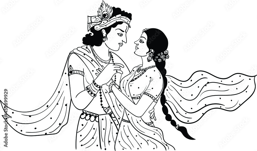 Sketch of lord krishna and goddess radha outline editable illustration   wall stickers indian religious india  myloviewcom