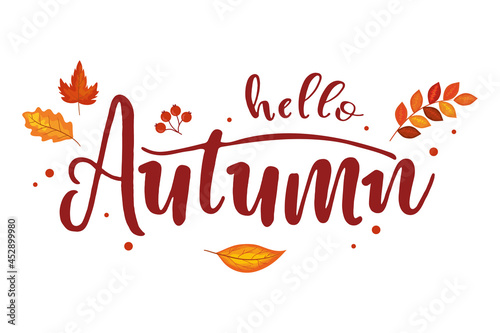 Autumn lettering with leaves. Handwritten brush calligraphy. Vector illustration