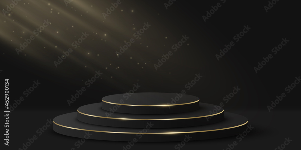 Minimalistic vip podium with light effect for show your product. 3d cylinder on black background. Luxurious platform or scene. Mockup for fashion presentation. Vector Minimalistic vip podium with light effect for show your product. 3d cylinder on black background. Luxurious platform or scene. Mockup for fashion presentation. Vector