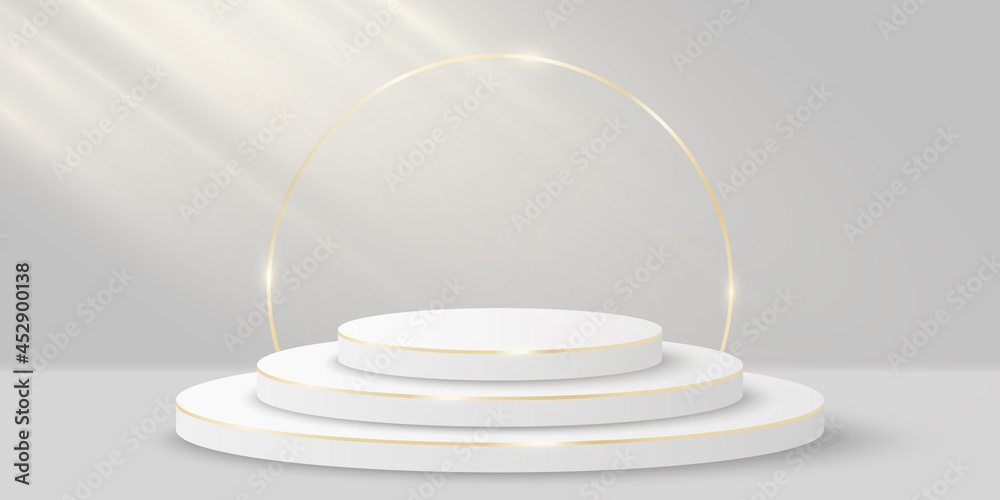 Elegant scene with light effect for show your product. 3d cylinder on white background. Luxurious platform or vip minimal podium. Mockup for fashion presentation. Vector