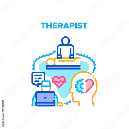 Therapist Doctor Vector Icon Concept. Therapist Doctor Online Examination And Diagnosis, Online Communication And Treatment. Masseur Massaging Patient In Cabinet Color Illustration