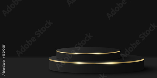 Elegant black and gold podium for show your product. 3d cylinder on black background. Luxurious platform or minimal stage. Mockup for fashion presentation. Vector