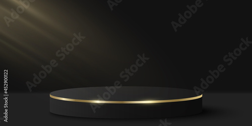 Elegant podium with light effect for show your product. 3d cylinder on black background. Luxurious platform or stage. Mockup for fashion presentation. Vector