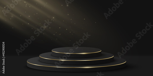 Minimalistic vip podium with light effect for show your product. 3d cylinder on black background. Luxurious platform or scene. Mockup for fashion presentation. Vector