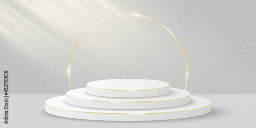 Elegant scene with light effect for show your product. 3d cylinder on white background. Luxurious platform or vip minimal podium. Mockup for fashion presentation. Vector