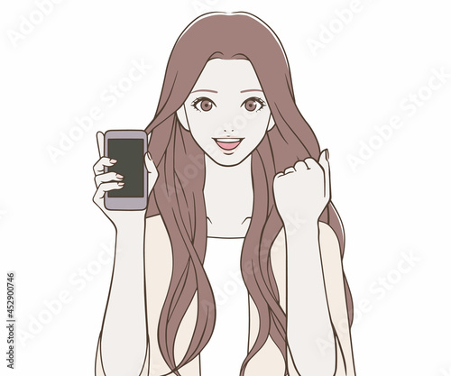 スマートフォンを持ち、ガッツポーズをする女性