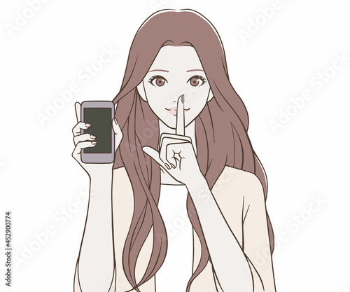 スマートフォンを持ち、人差し指を口に当てる女性