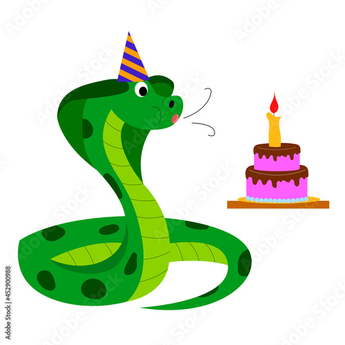 Cartoon vector illustration for children, a snake celebrates a birthday. isolated on a white background