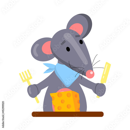 Cartoon vector illustration for children, a mouse eats cheese. isolated on a white background