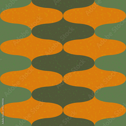 Ogee abstract vector seamless pattern background with retro onion shapes. Elegant geometric backdrop in ochre and sage green with terrazzo flecked blended texture. Symmetrical historical style repeat