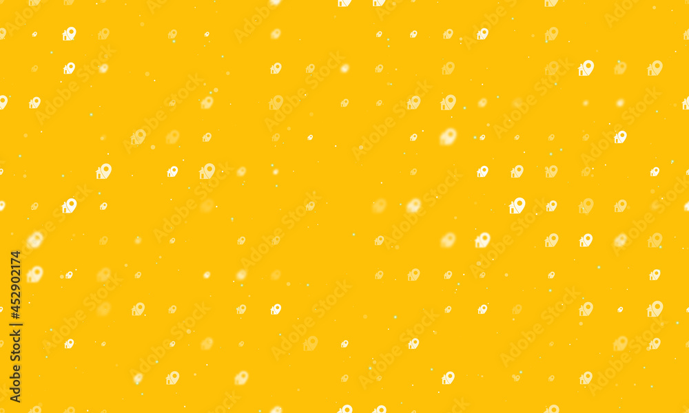 Seamless background pattern of evenly spaced white real estate location symbols of different sizes and opacity. Vector illustration on amber background with stars Seamless background pattern of evenly spaced white real estate location symbols of different sizes and opacity. Vector illustration on amber background with stars