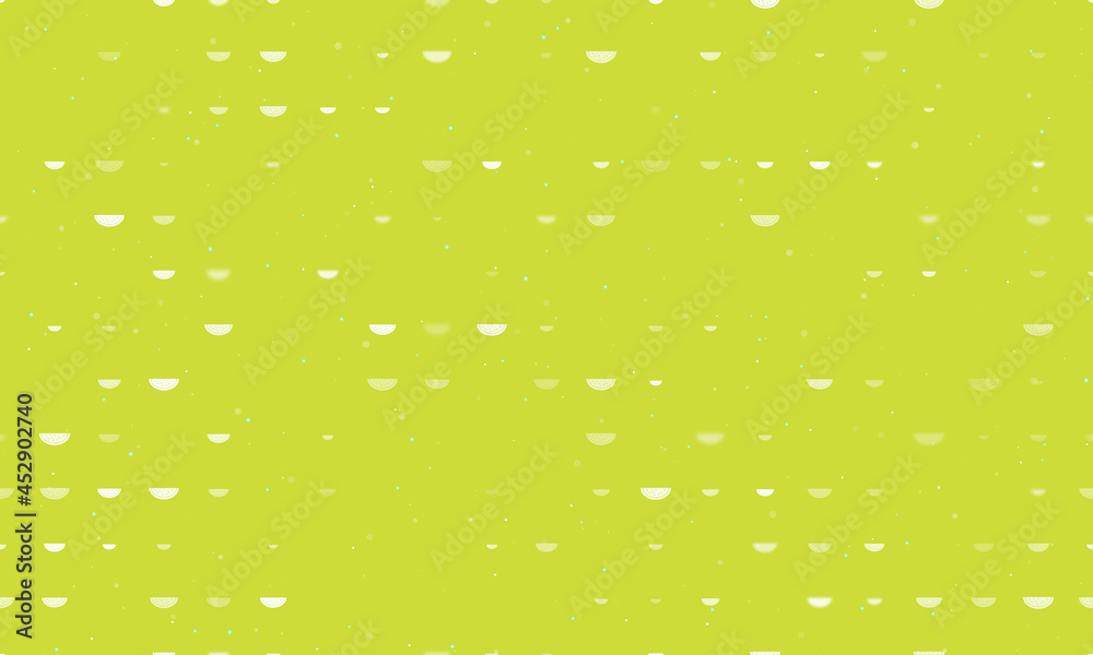 Seamless background pattern of evenly spaced white watermelon piece symbols of different sizes and opacity. Vector illustration on lime background with stars Seamless background pattern of evenly spaced white watermelon piece symbols of different sizes and opacity. Vector illustration on lime background with stars