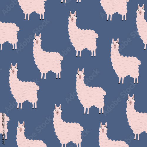 Pink fluffy llama with funny eyes. Cute Peruvian alpaca on blue background hand drawn vector illustration. Adorable guanaco character. Animal seamless pattern.