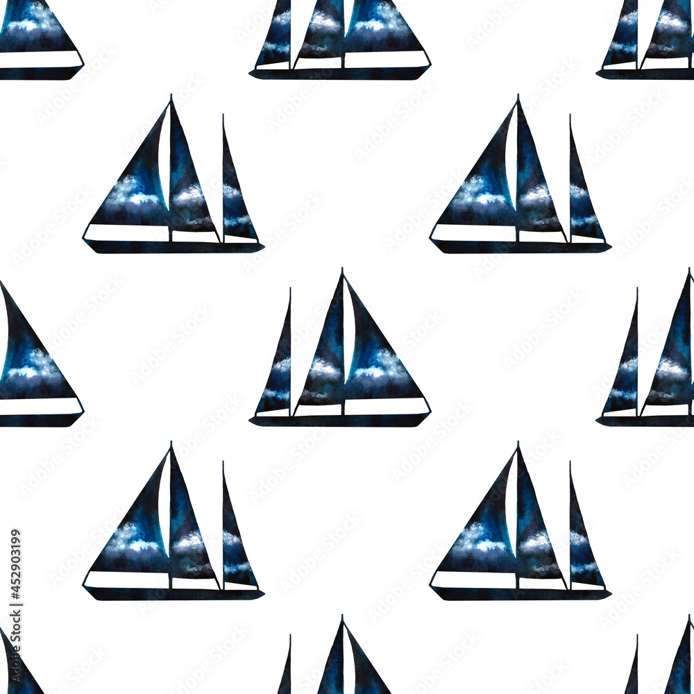 Samless pattern of watercolor illustrations with blue silhouette of sails.
