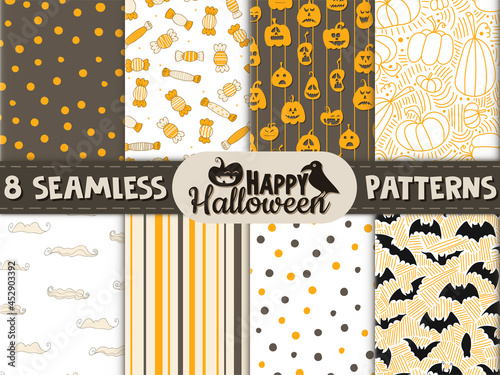 8 seamless patterns. Halloween - October 31. Hand-drawn doodle illustration. Trick or treat. Happy Halloween 2021