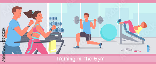 People doing sports workout in gym, young sportive woman man characters run on treadmill machine, bodybuilder training muscles in gymnasium interior background