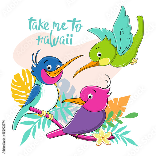 Beautiful funny birds collection. Vector cartoon illustration. Funny summer animals  hummingbirds. Design for t-shirts
