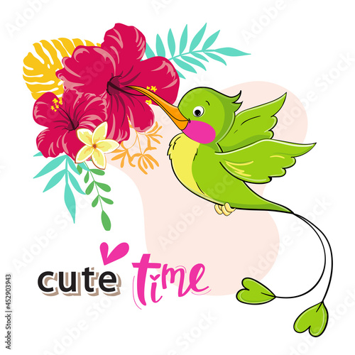 Vector cartoon illustration with tropical bird and flowers. Funny summer animals, hummingbird. Design t-shirts for girl