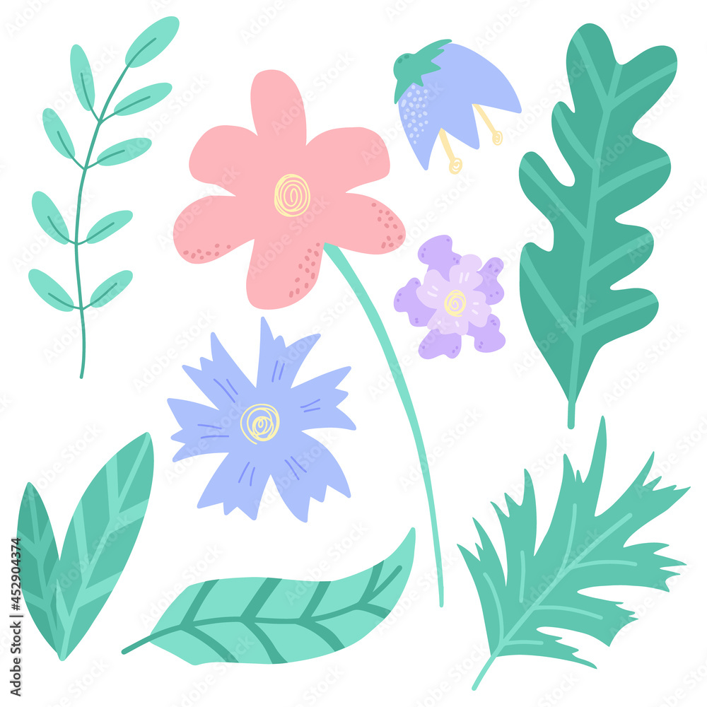 Vector flowers set. Leaves and flowers.