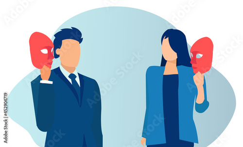 Vector of a young man and a woman taking off face mask with fake positive emotion exposing real feelings behind it.