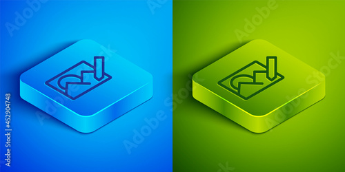 Isometric line Photo retouching icon isolated on blue and green background. Photographer, photography, retouch icon. Square button. Vector