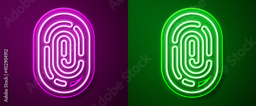 Glowing neon line Fingerprint icon isolated on purple and green background. ID app icon. Identification sign. Touch id. Vector