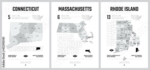 Highly detailed vector silhouettes of US state maps, Division United States into counties, political and geographic subdivisions, New England - Connecticut, Massachusetts, Rhode Island - set 2 of 17