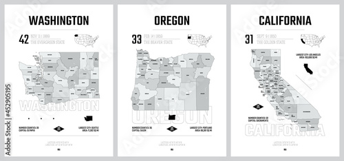 Highly detailed vector silhouettes of US state maps, Division United States into counties, political and geographic subdivisions of a states, Pacific - Washington, Oregon, California - set 16 of 17