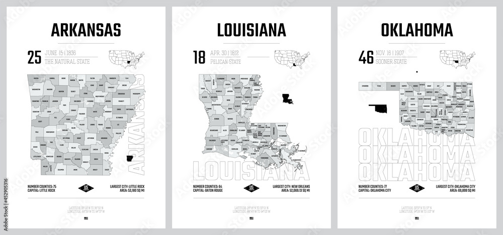 Naklejka premium Highly detailed vector silhouettes of US state maps, Division United States into counties, political and geographic subdivisions, West South Central - Arkansas, Louisiana, Oklahoma - set 12 of 17